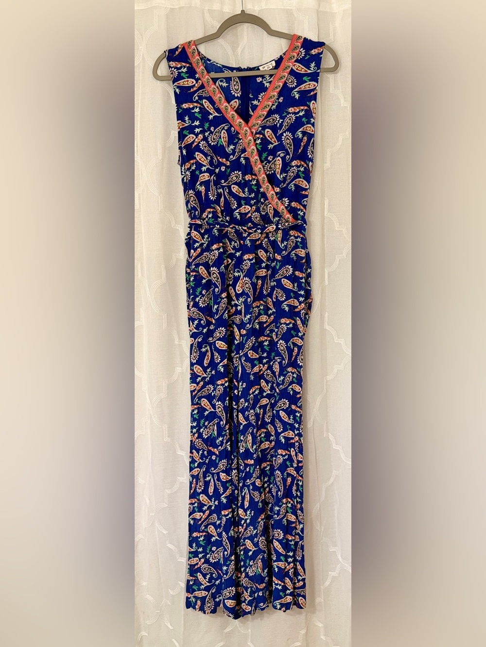 Westport Royal Blue Paisley Faux-Wrap Jumpsuit with Coral Trim